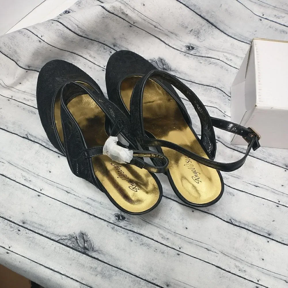 Angel Steps Womens Black Ankle Strap SZ 11W Sandle 2.5in Heel